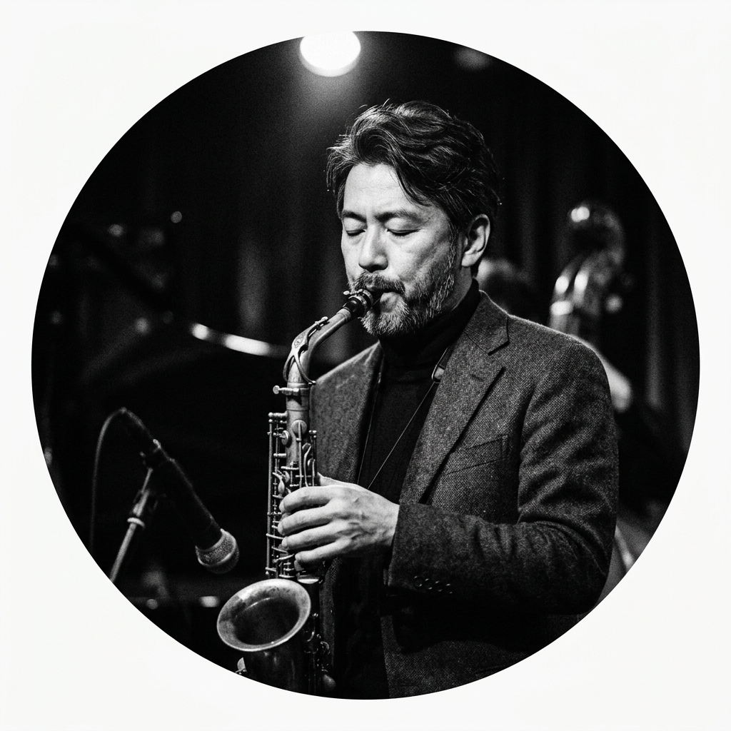 Jazz saxophonist playing with eyes closed in intimate live setting