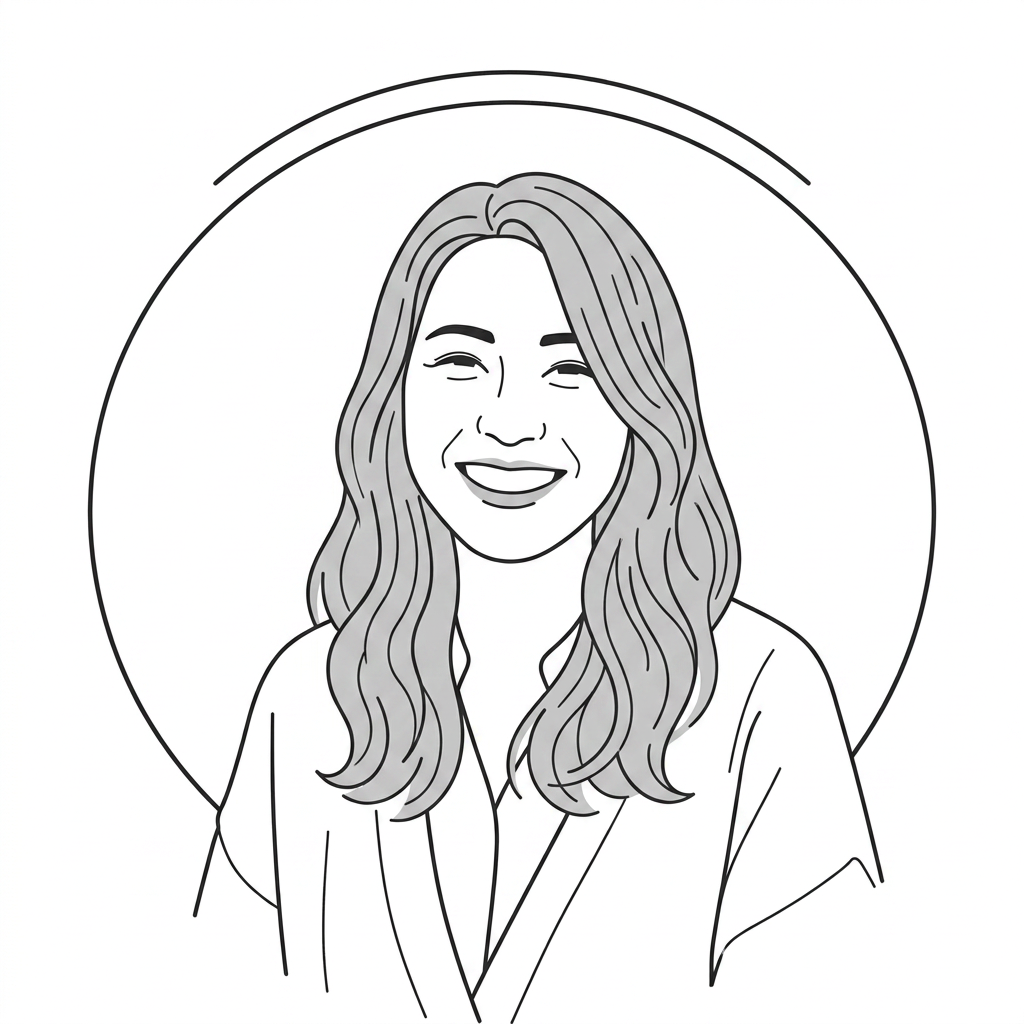 Illustration of a smiling woman with long wavy hair inside a circular frame
